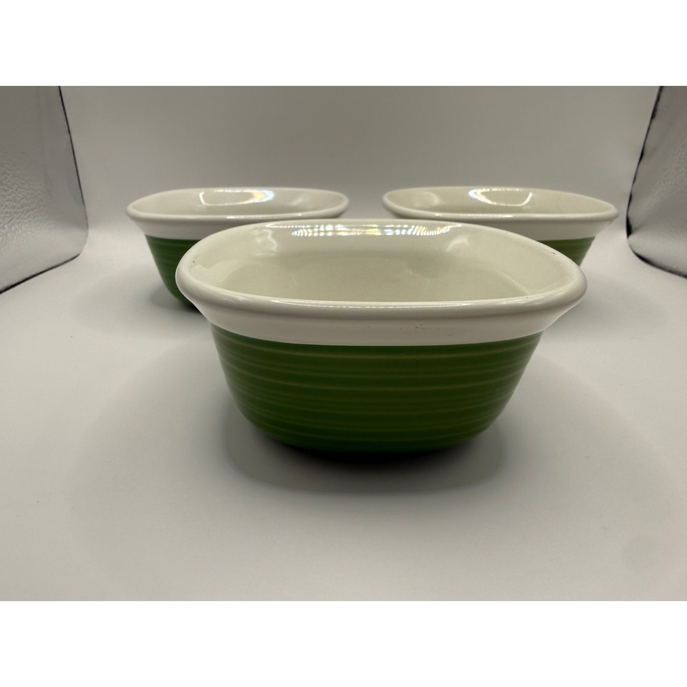 CorningWare Etch 7oz Stoneware Ramekin Set 3 Green White Ribbed Square Bowls